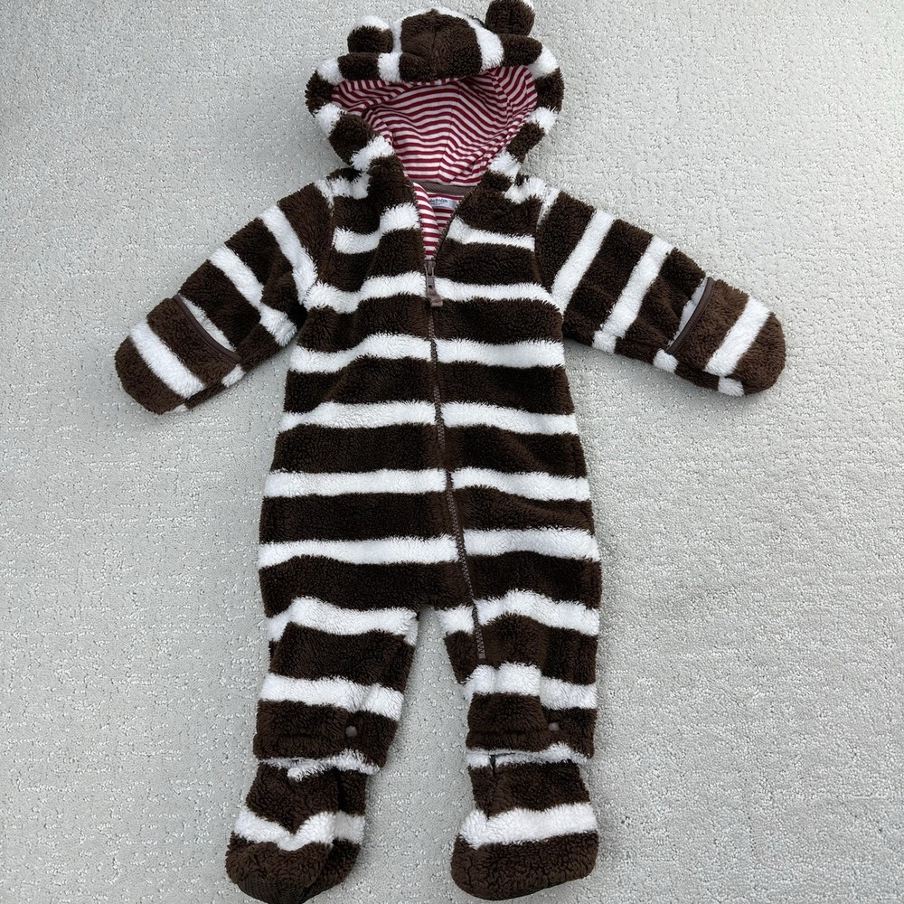 Baby Boden Brown White Stripe Sherpa Fleece Bunting Bear Hooded 3-6m